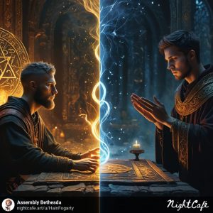 left side spell caster right side man praying 