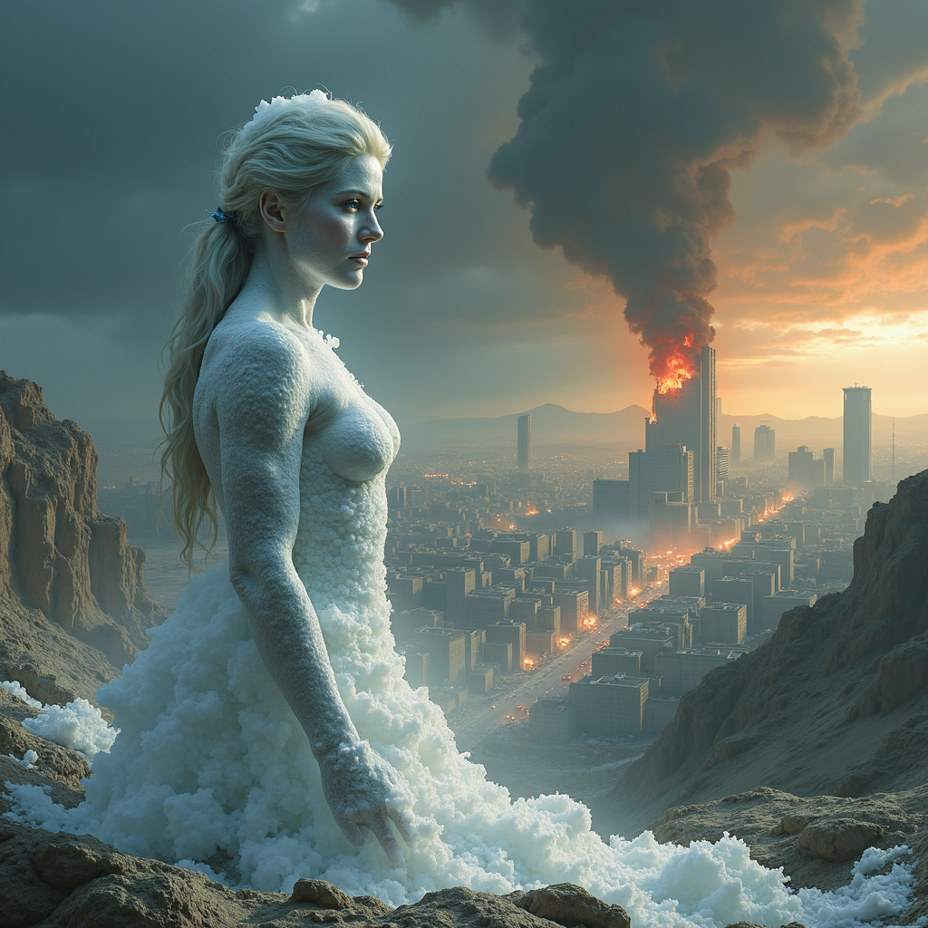 Lot's wife as a pillar of salt looking at sodom