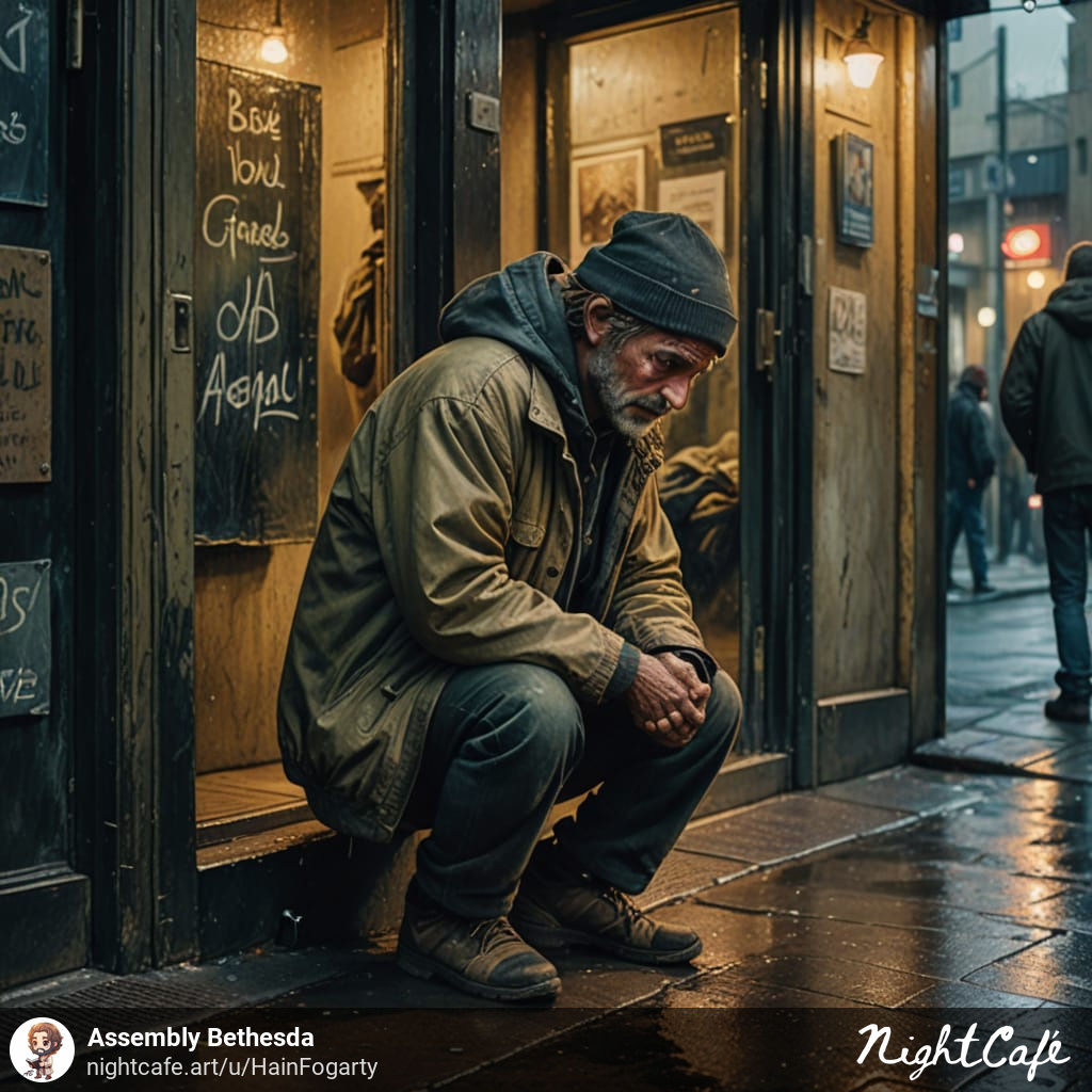 homeless man sitting in a shop doorway