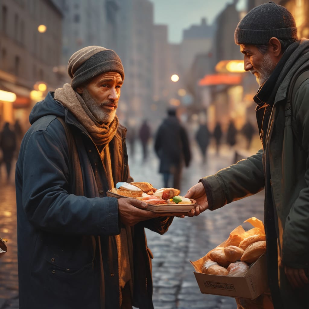 man handing out food to a homeless man