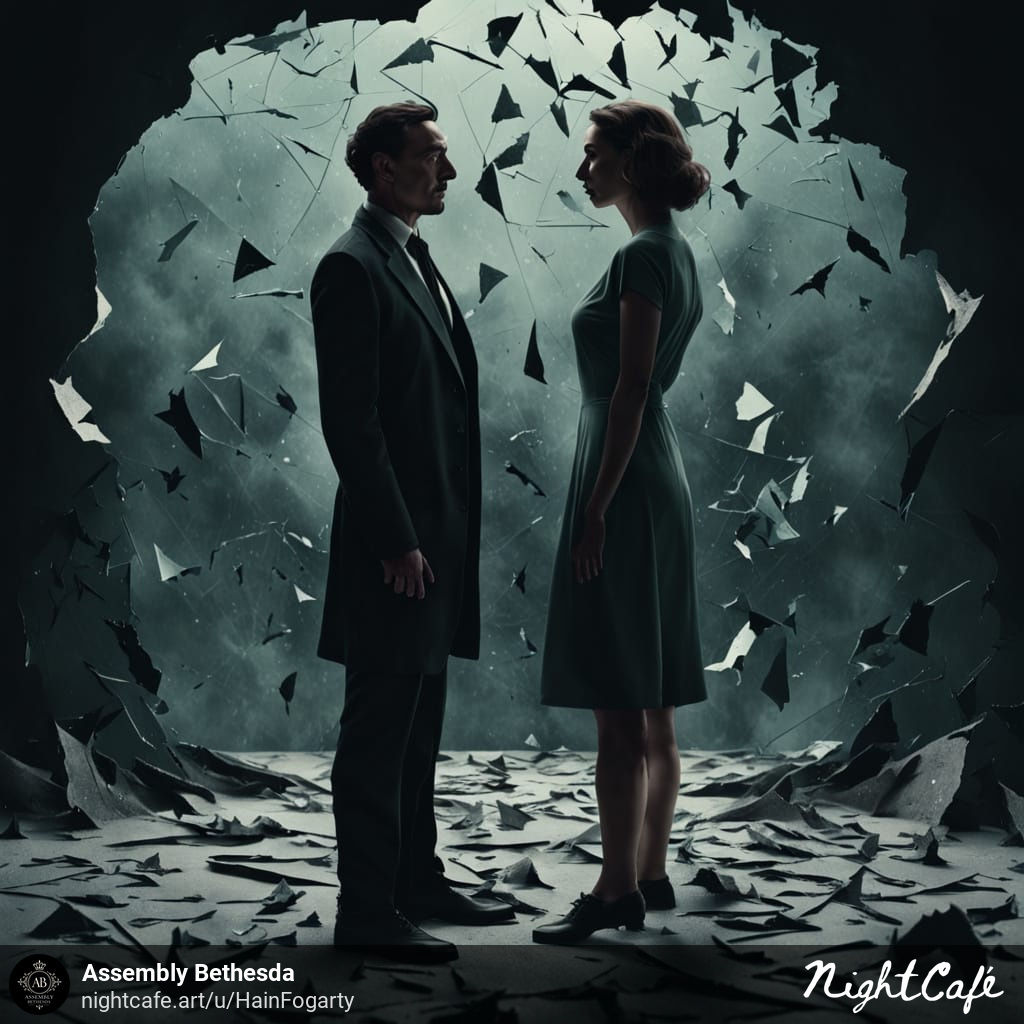 Shattered glass with a man and a woman symbolizing divorce
