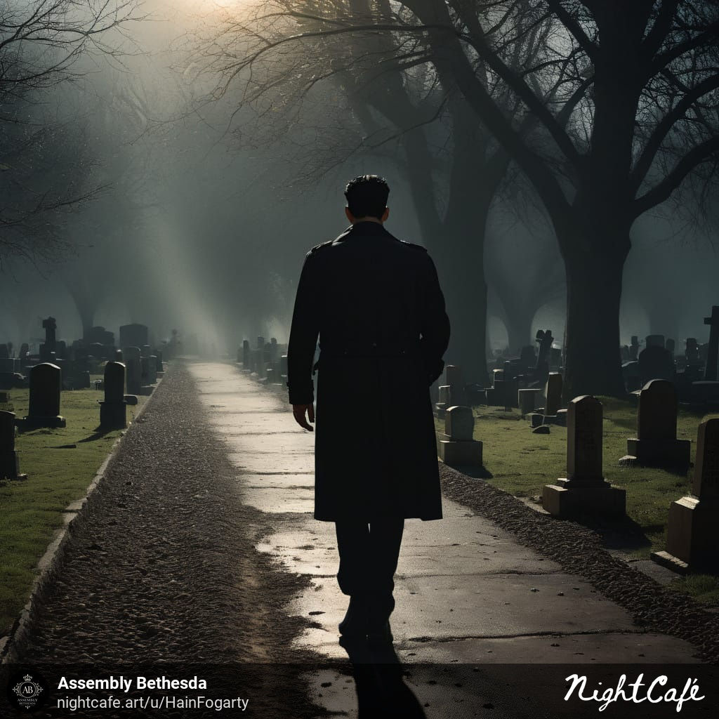 man walking in a graveyard