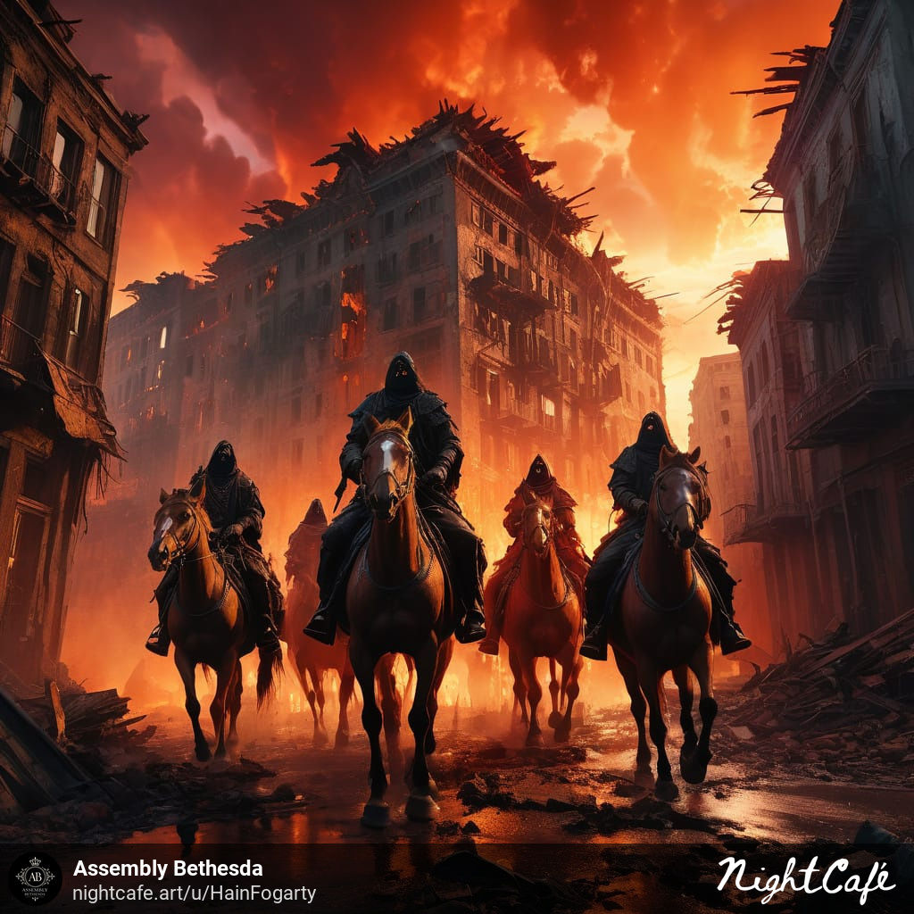 4 horsemen riding through a burnt city