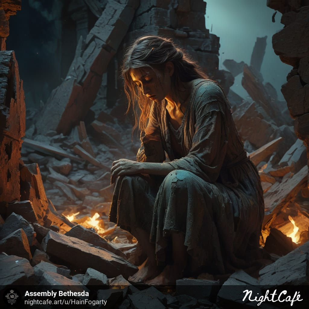 woman sitting in rubble crying