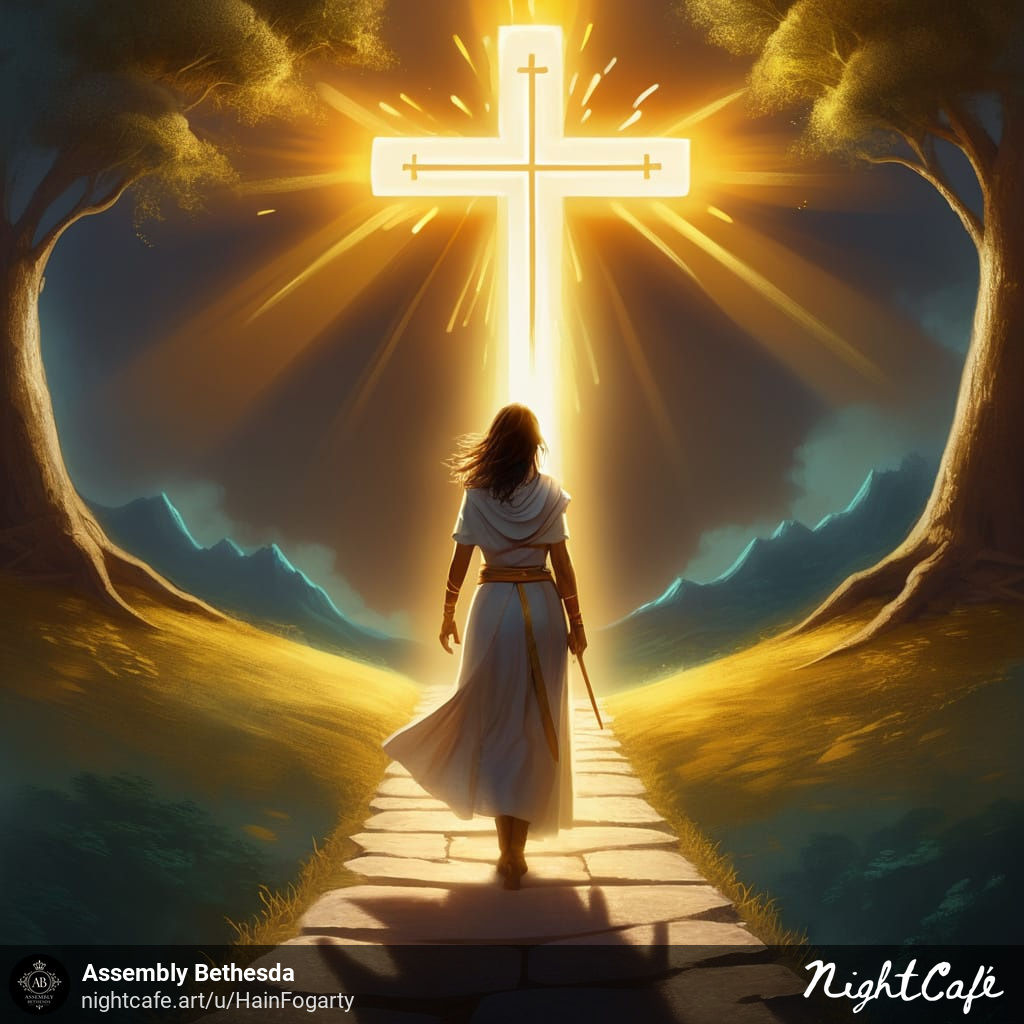 Woman walking toward glowing cross