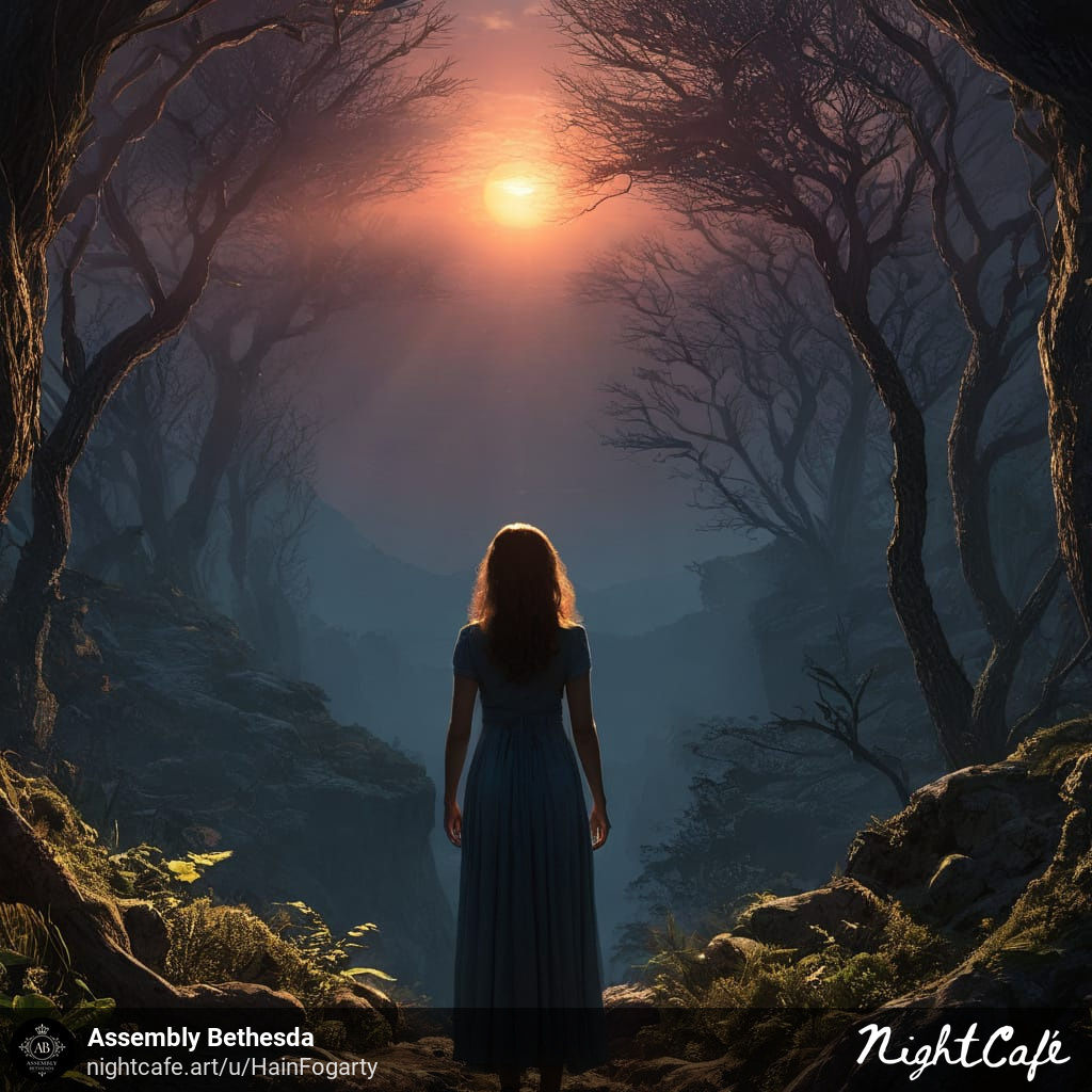 a cloaked woman walking into the light from a dark pathway