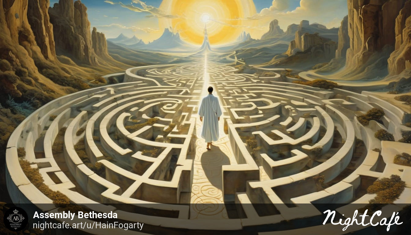 man walking through a maze toward the light of heaven