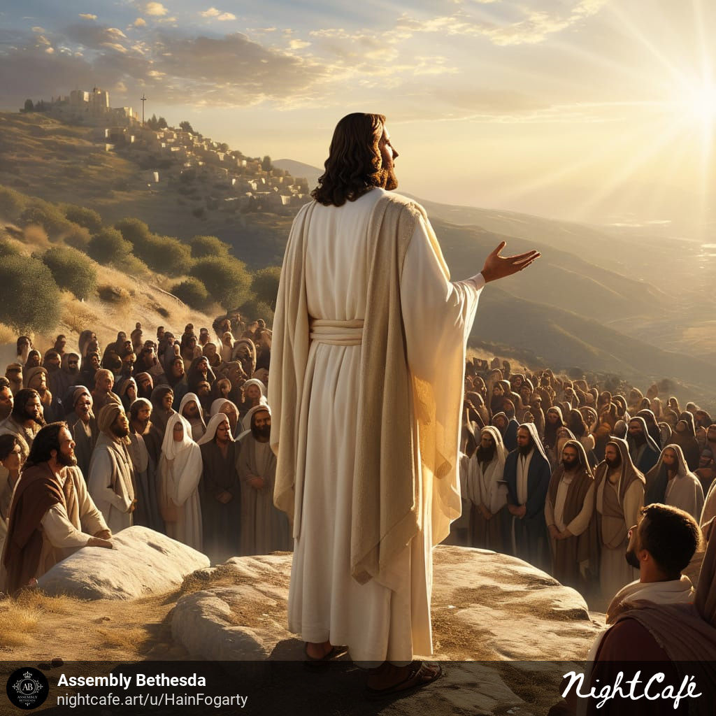 jesus facing a crowd giving the sermon on the mount