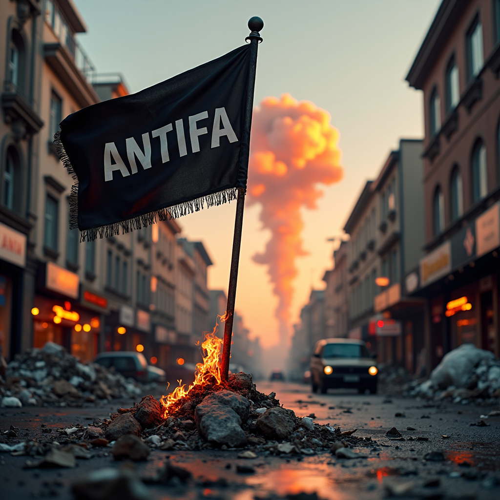 Terrorist Group ANTIFA flag stuck in garbage with a mushroom cloud
