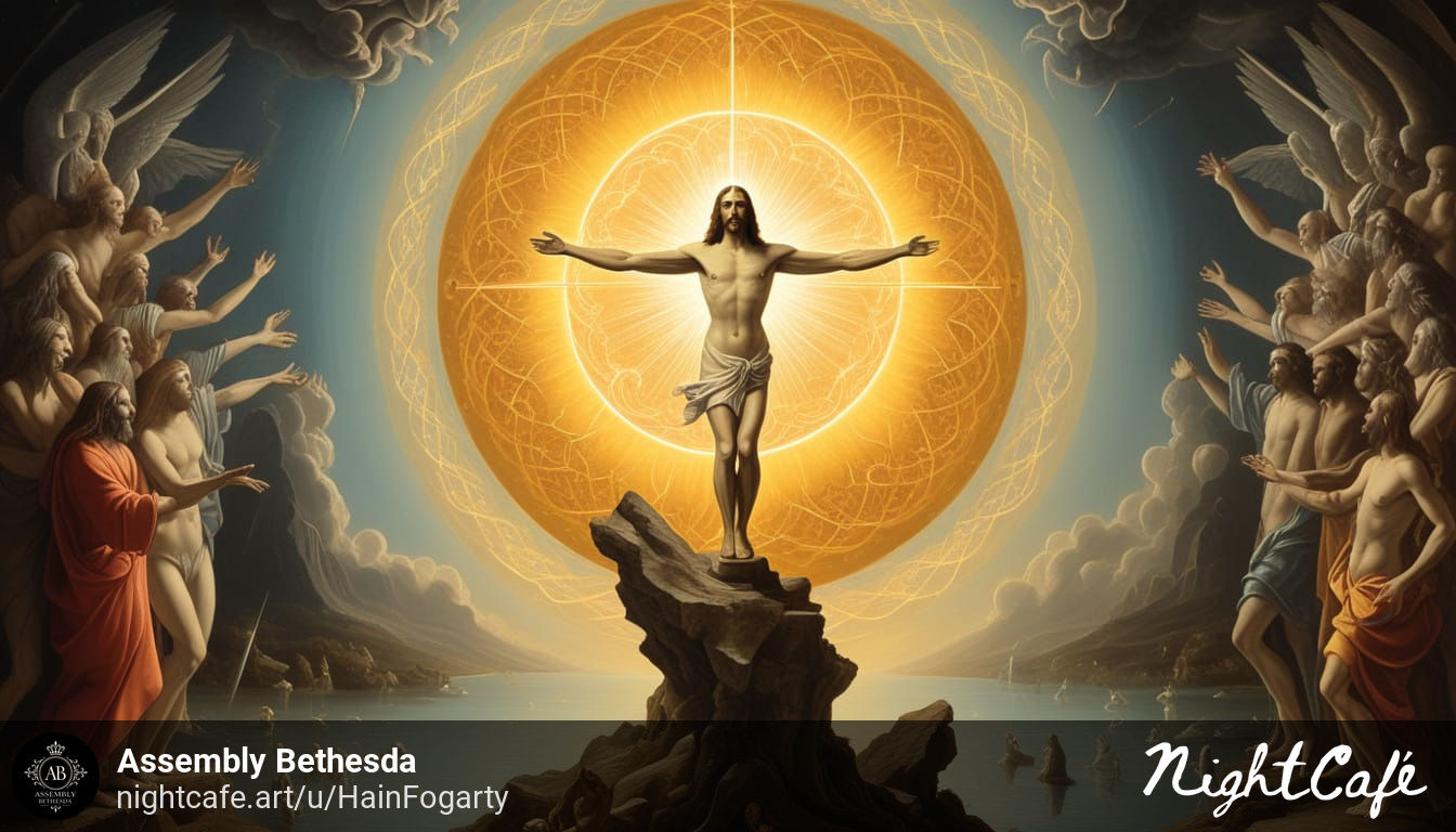 Jesus standing in he middle of a bright light surrounded by angels