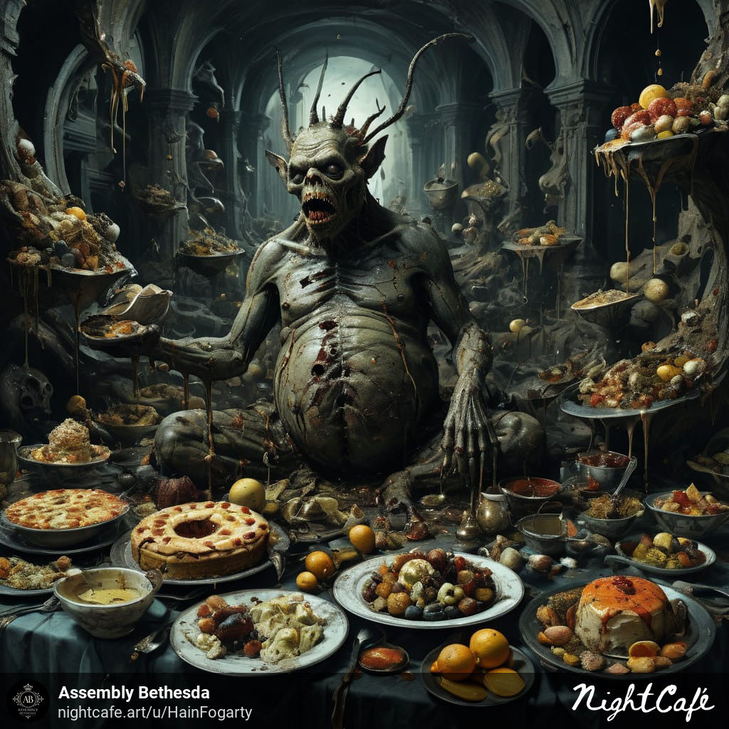 Beelzebub sitting on a table of edible and rotting food.