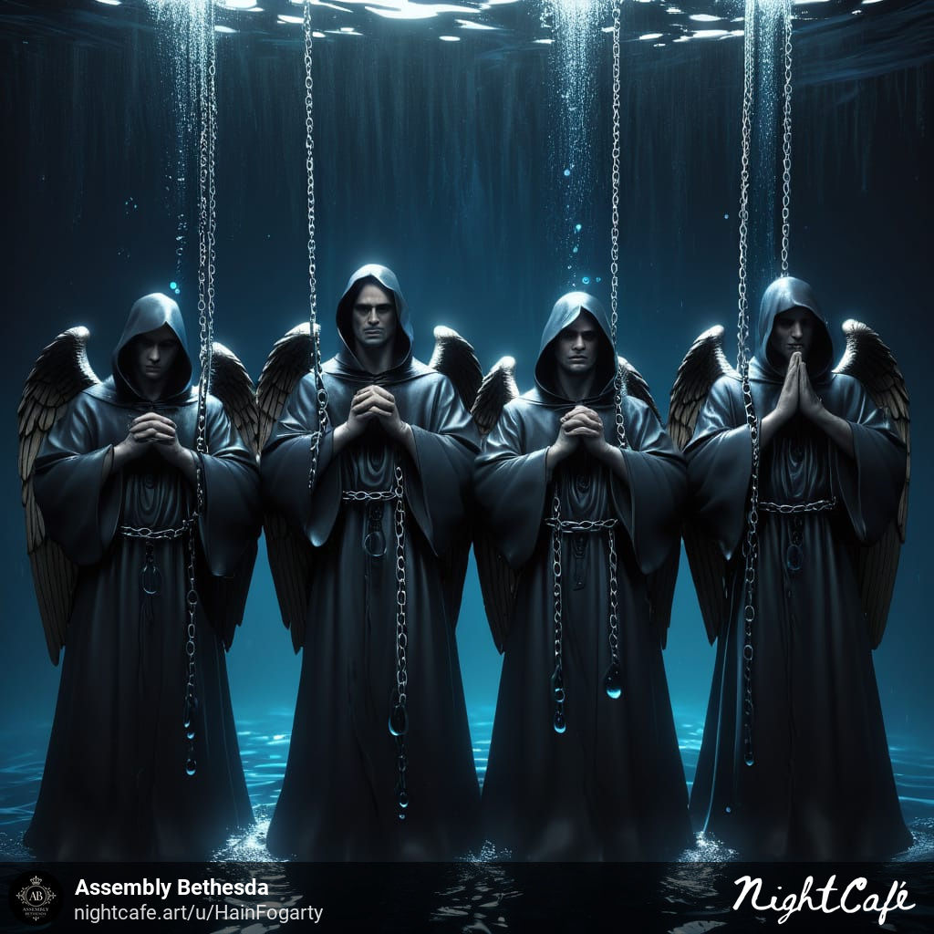 4 angels in black robes bound in chains