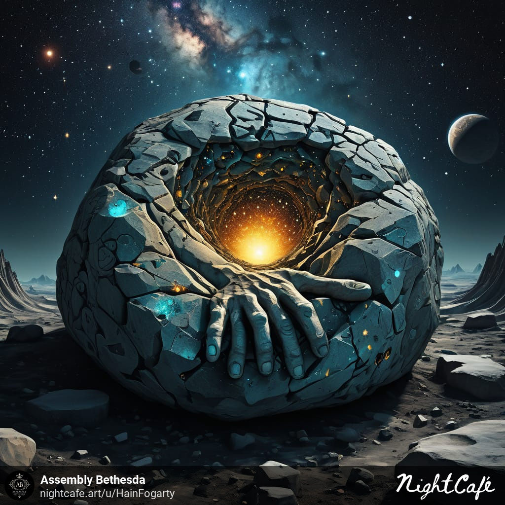 round blue bolder cracking with a hole in the center and a 6 finger hand is reaching out.