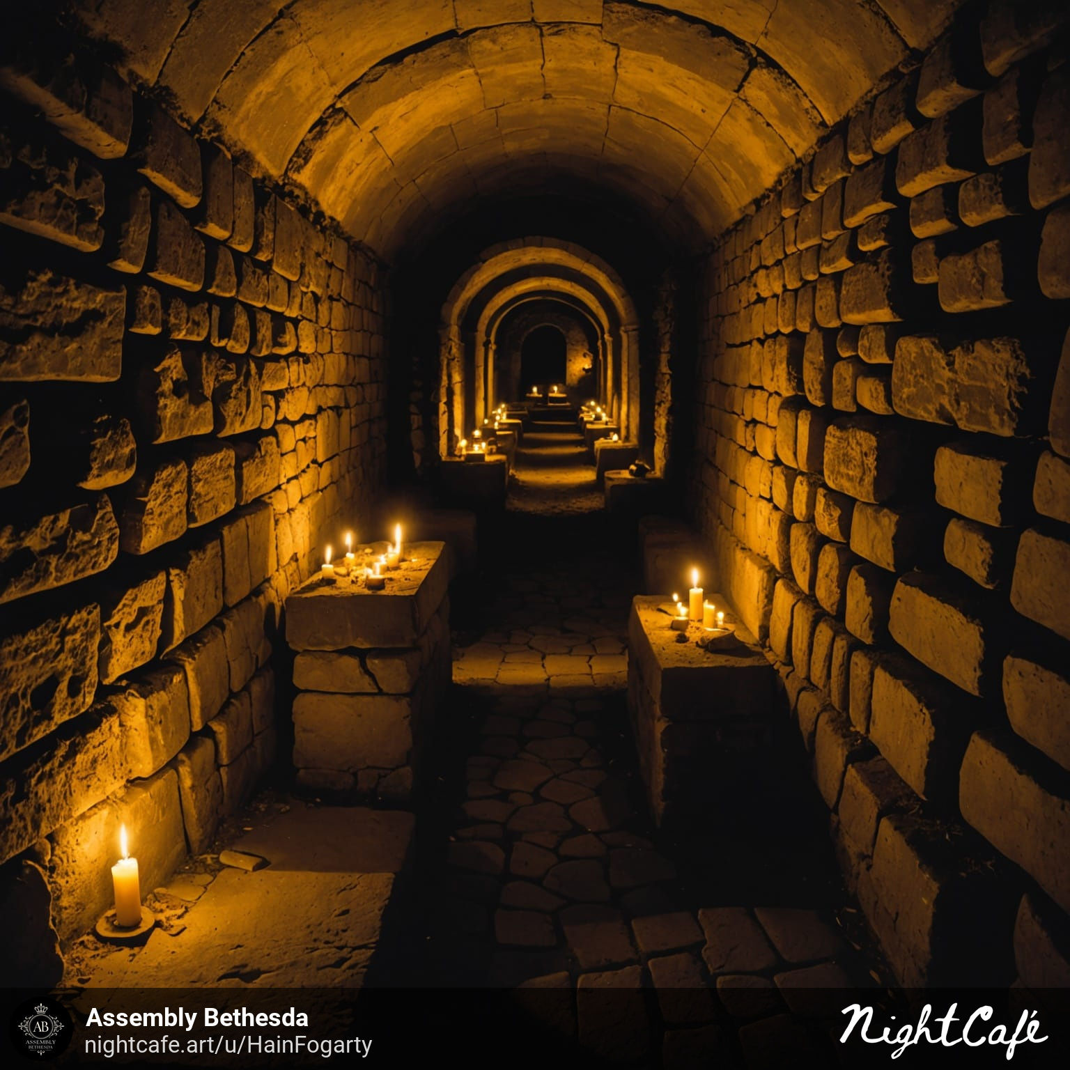 Catacomb hallway lit by candles