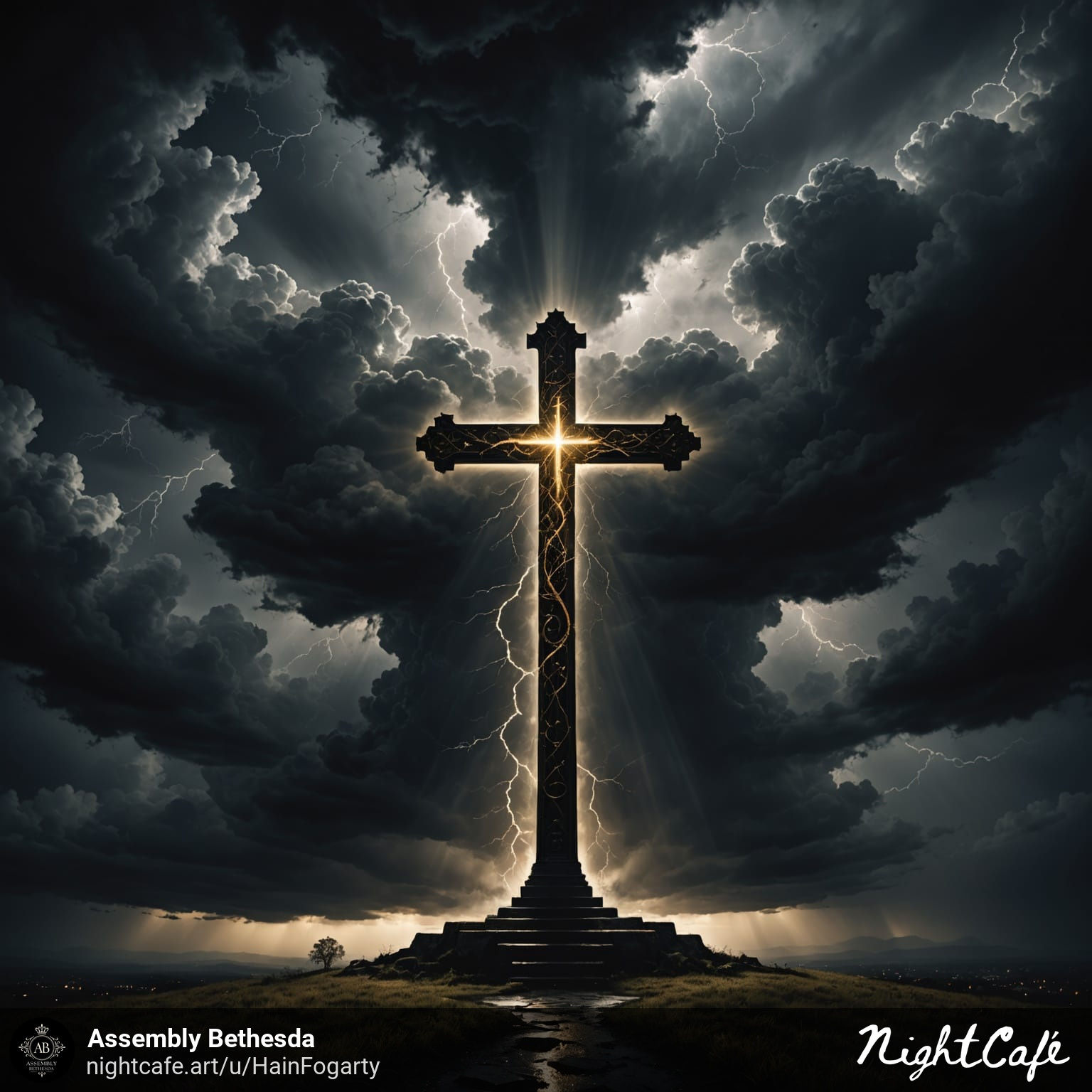 Gold Cross in front of black storm clouds