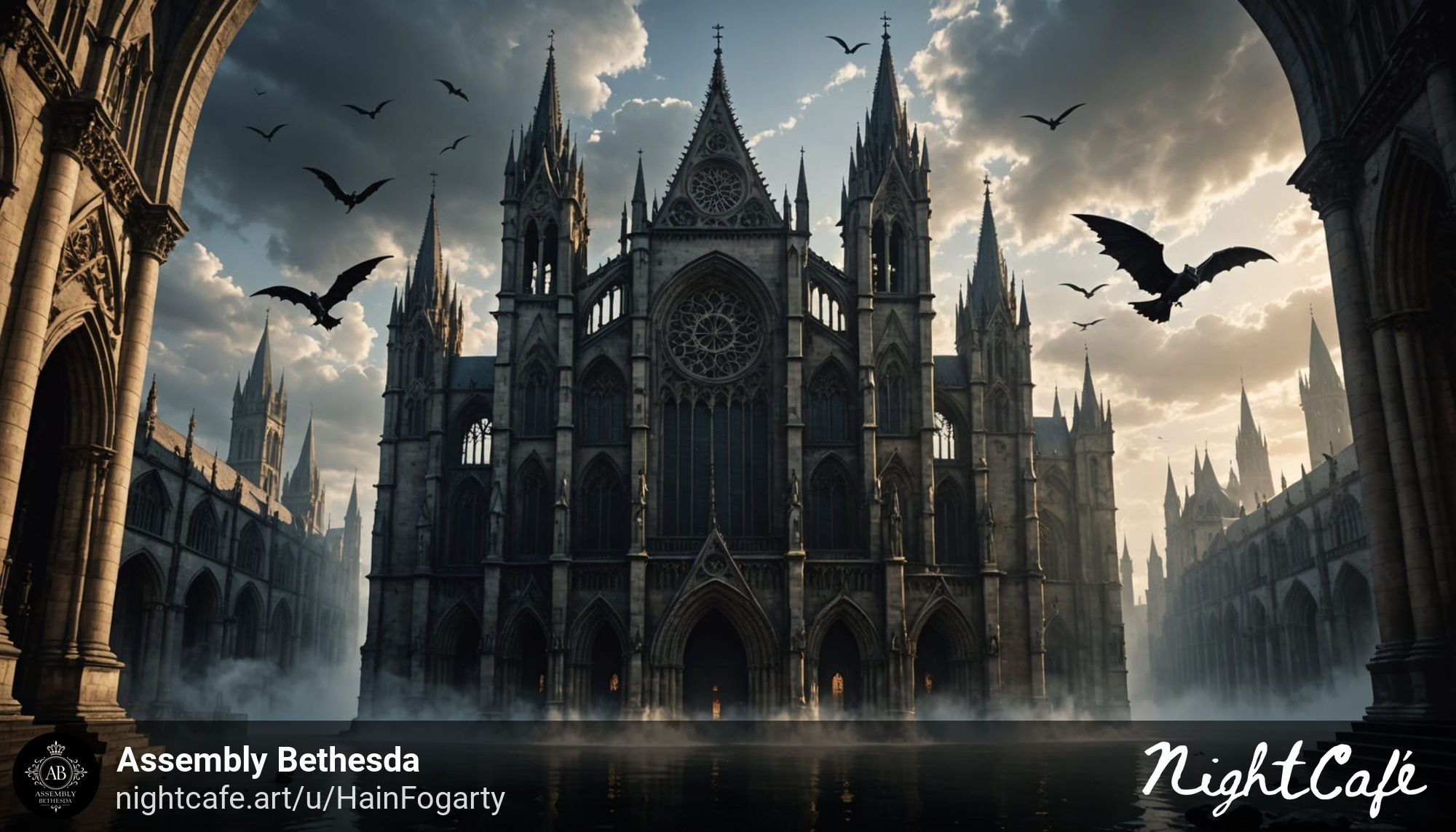 Large cathedral in water with Gargoyles flying around