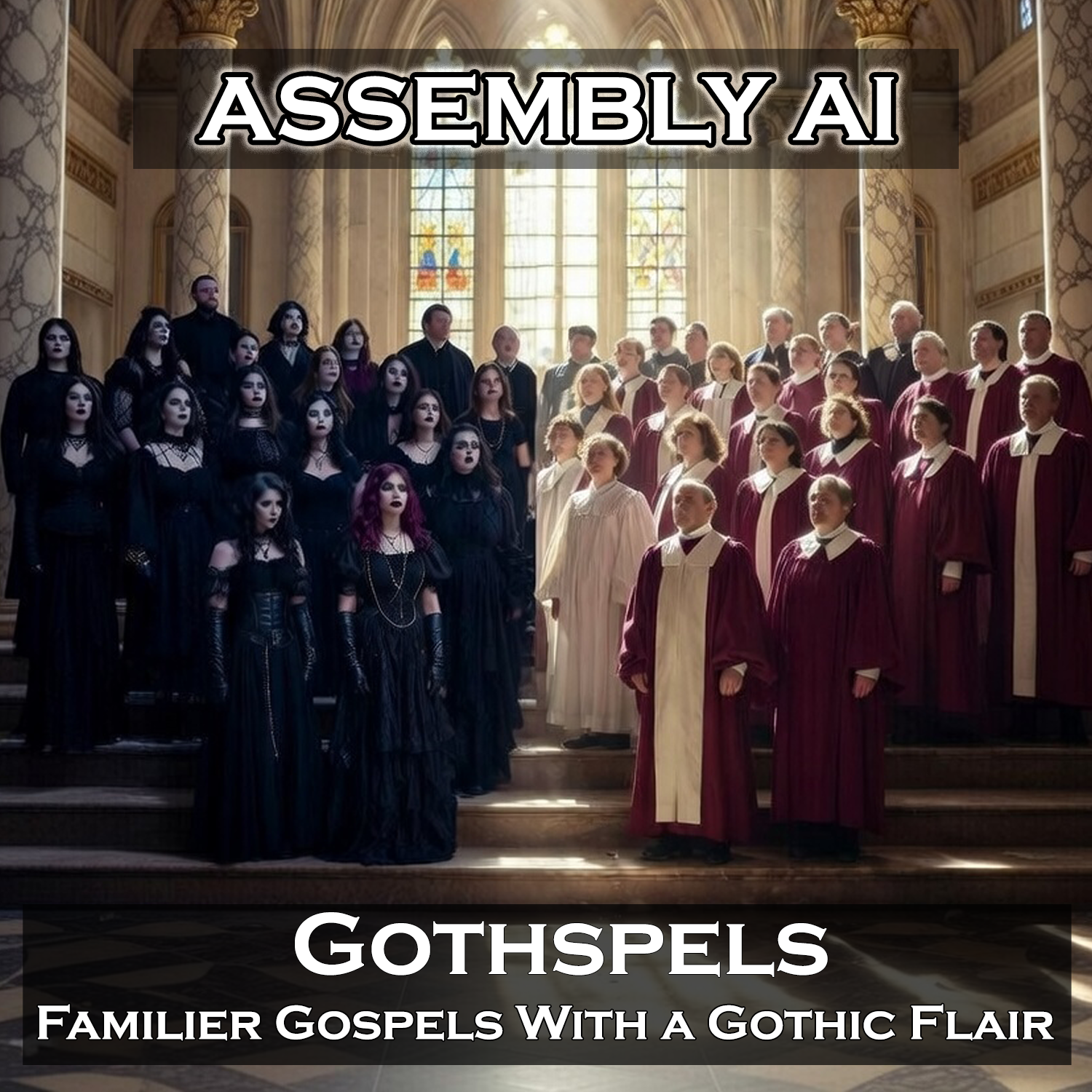 Picture of a church choir that is half normal and half goth