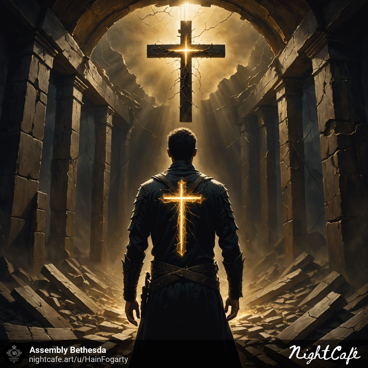 man looking up at a wood cross