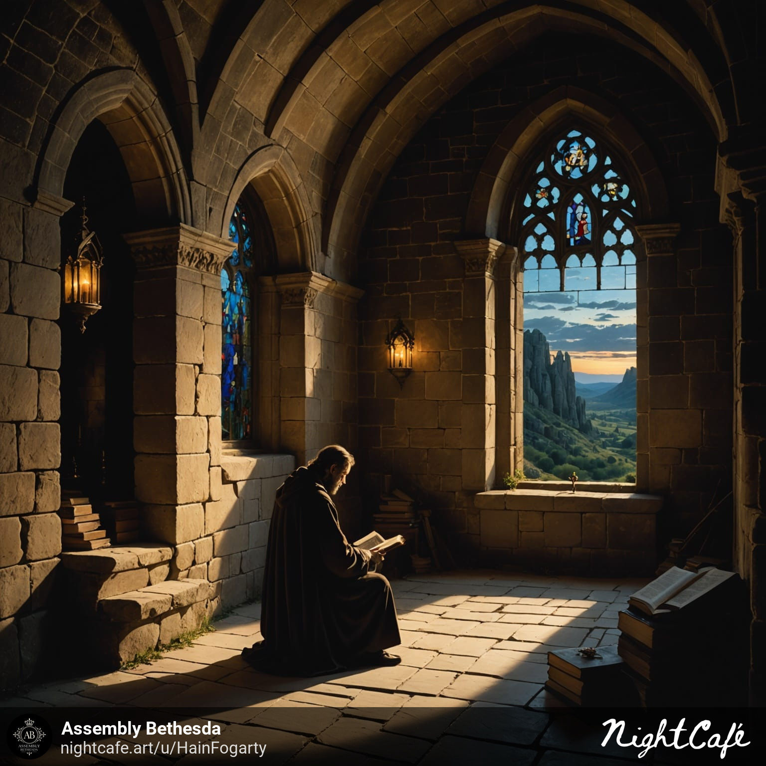 monk reading in hall