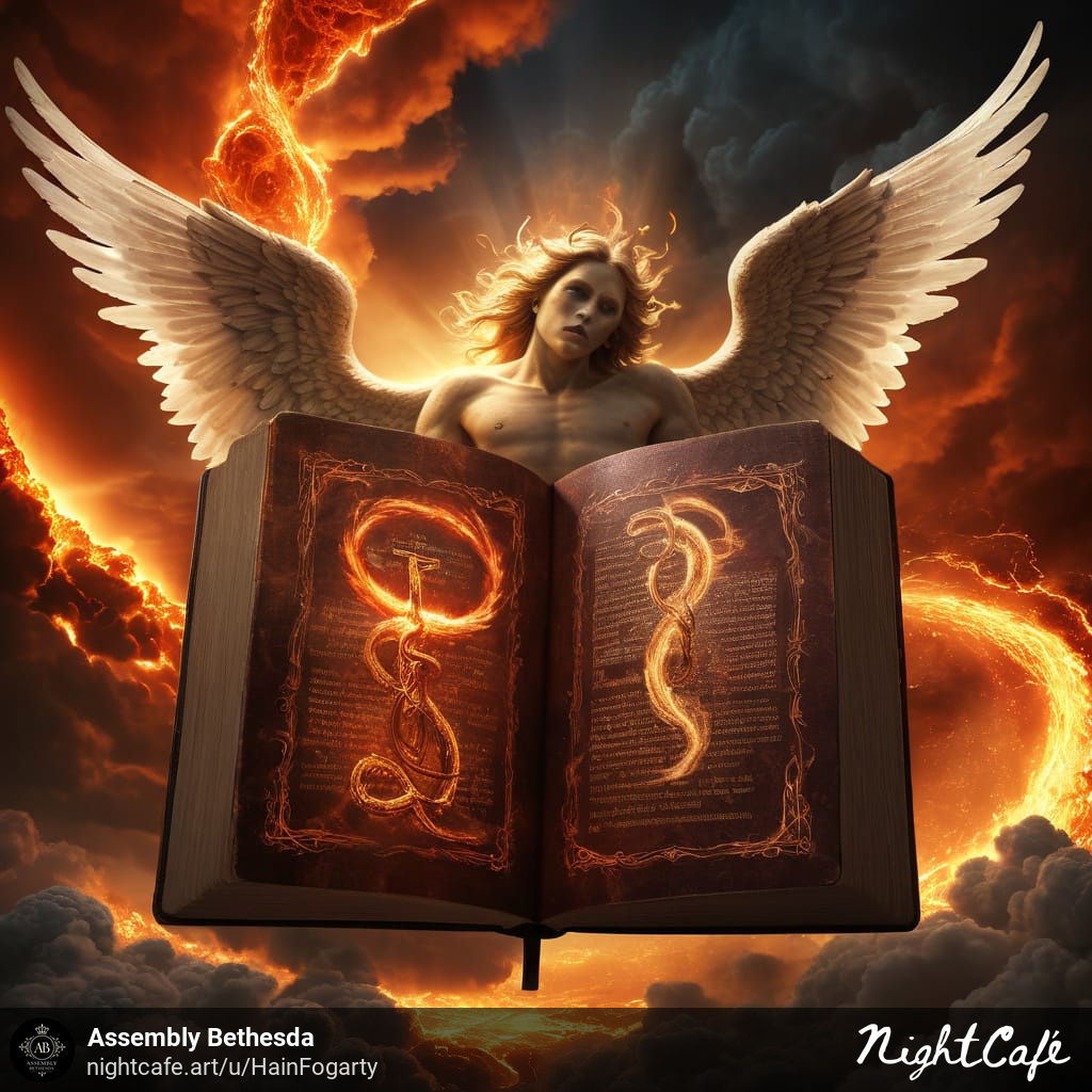 Angel under clouds holding an open book