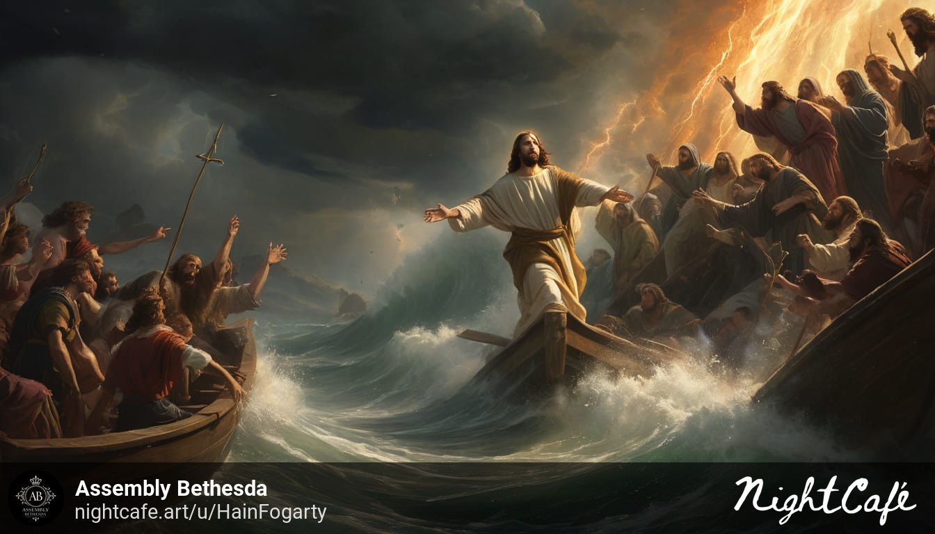 Jesus surfing on a Skiff
