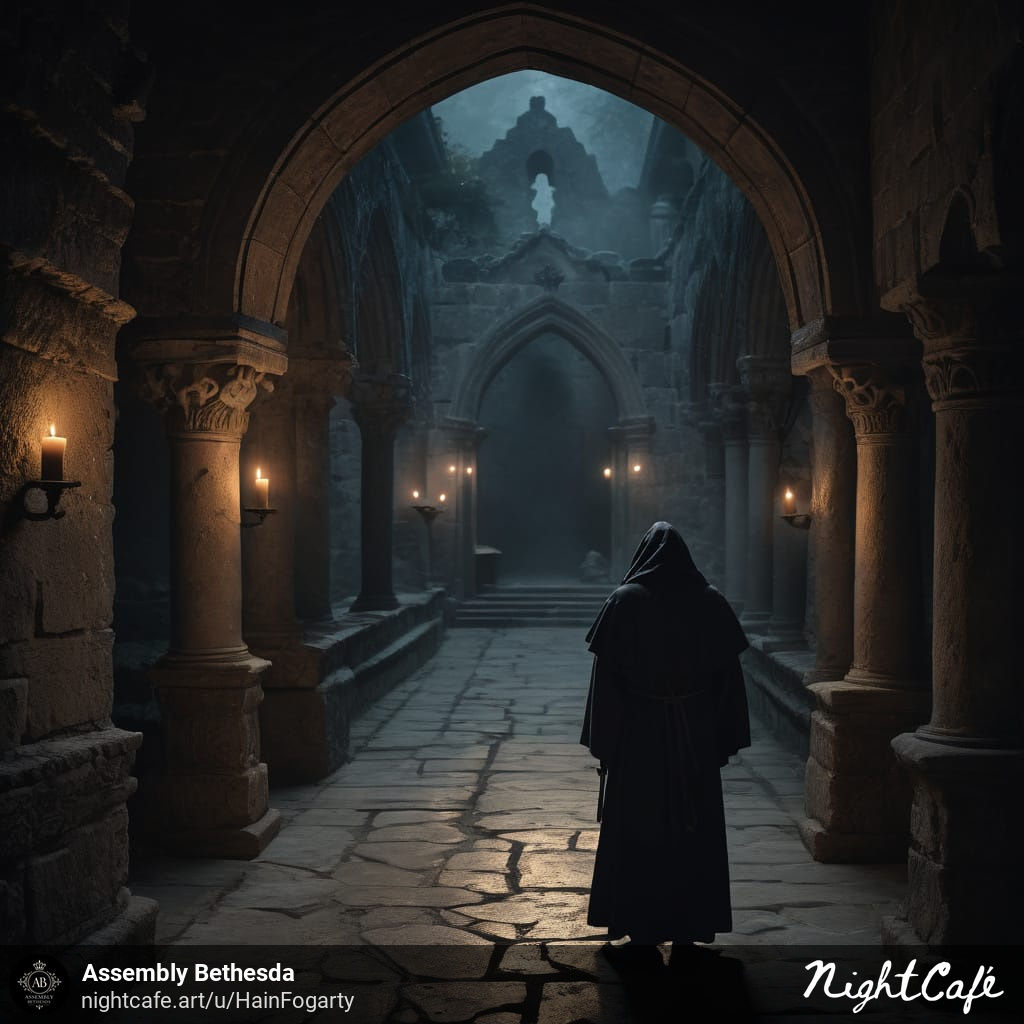 Monk walking down brick hallway