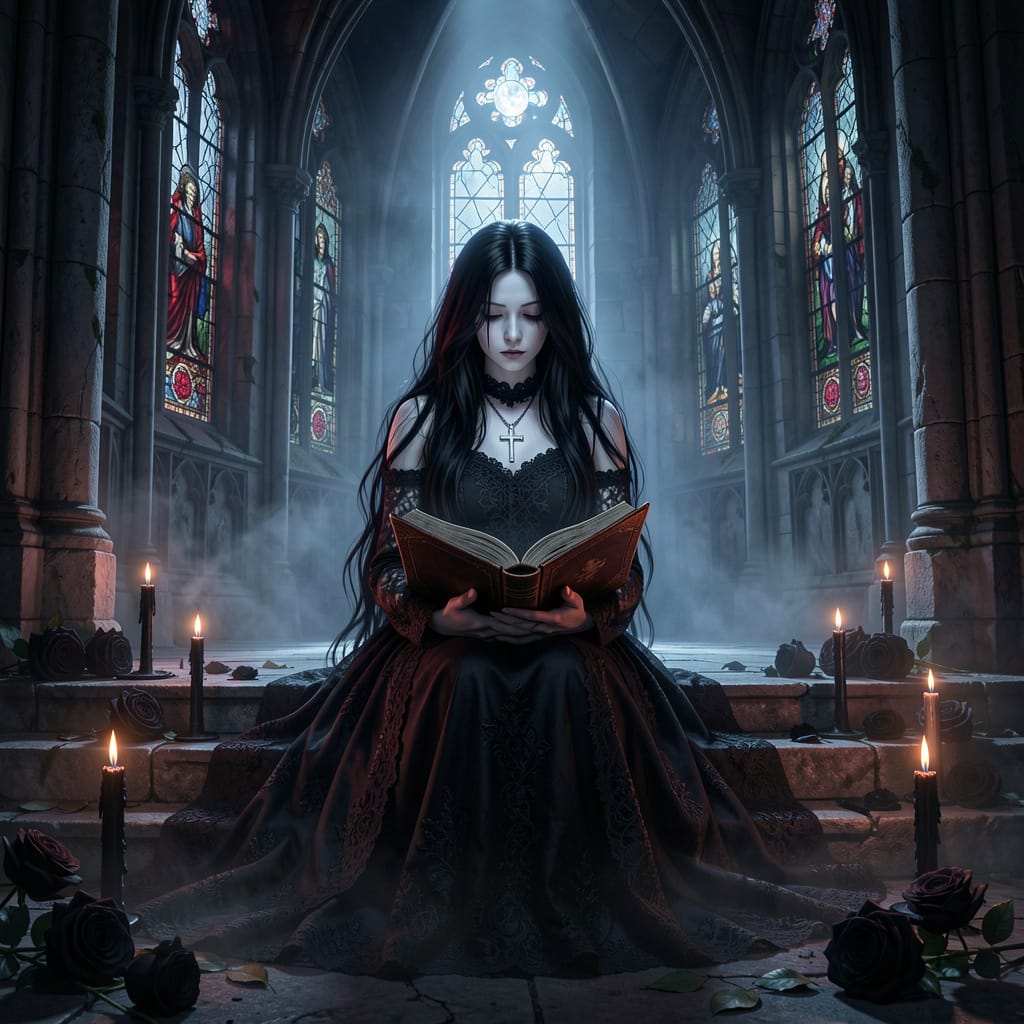 goth woman sitting on cathedral stairs reading the bible