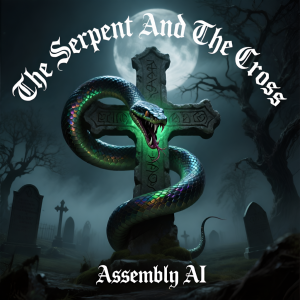 green head serpent wrapped around a cross in a graveyard